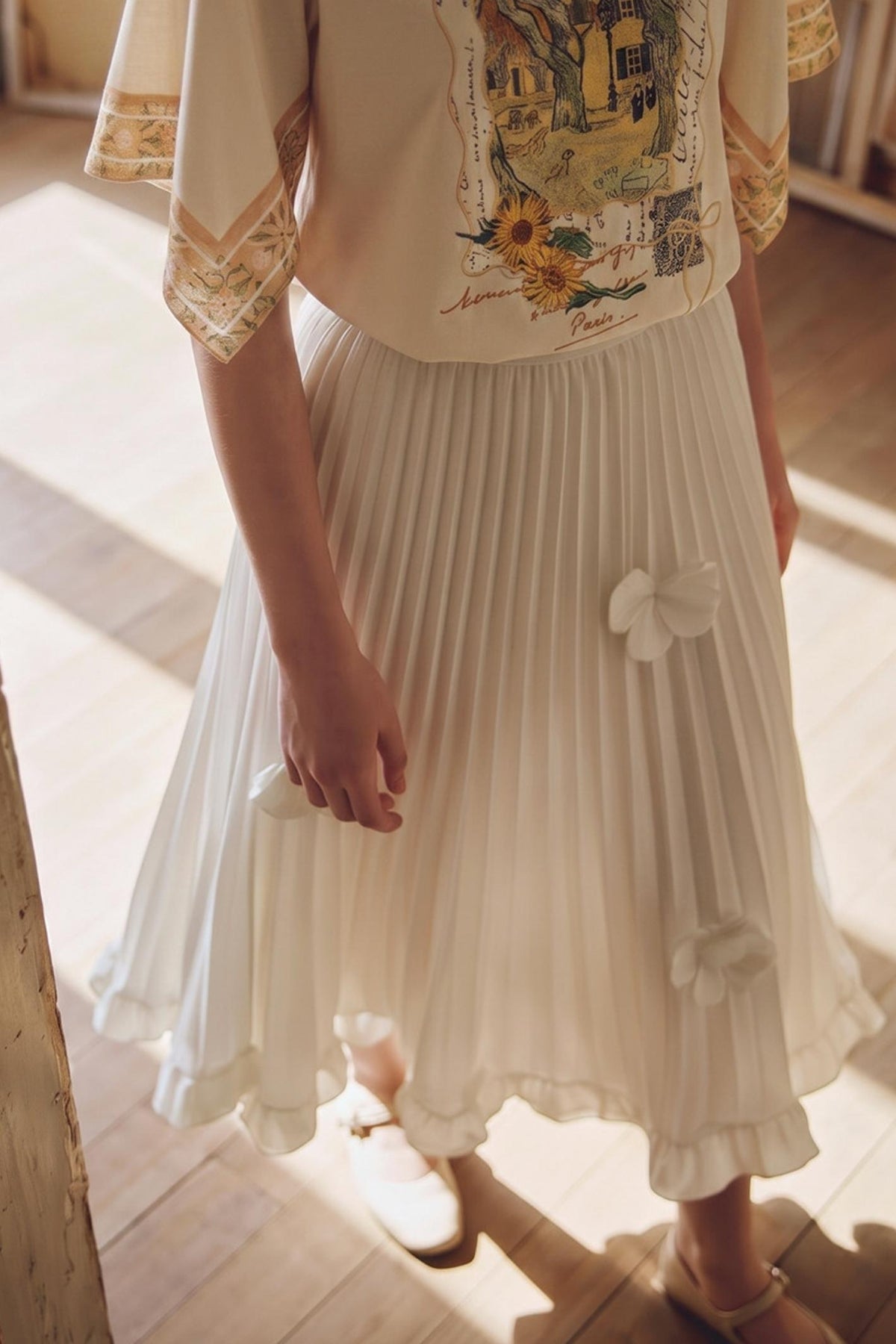 3D Floral Pleated Ruffle Maxi Skirt
