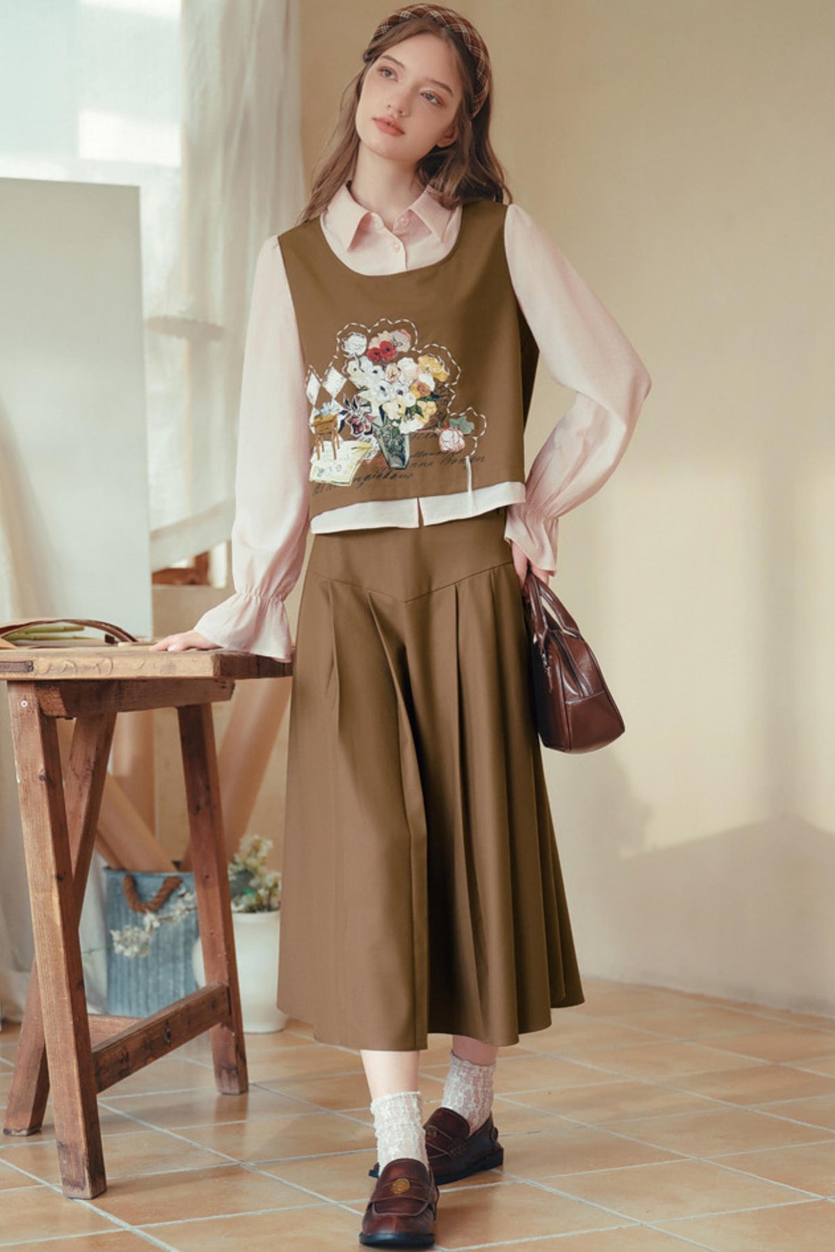 Art-Inspired Fake Two-Piece Top & Midi Skirt Set