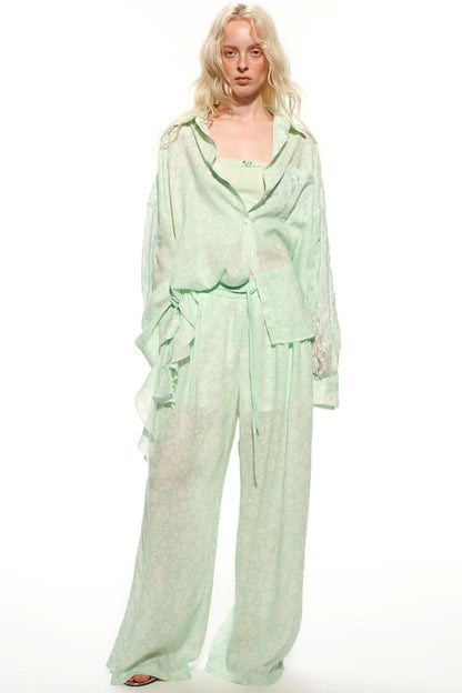 Mint Green Vacation Organza Skirt & Wide-Leg Pants Set