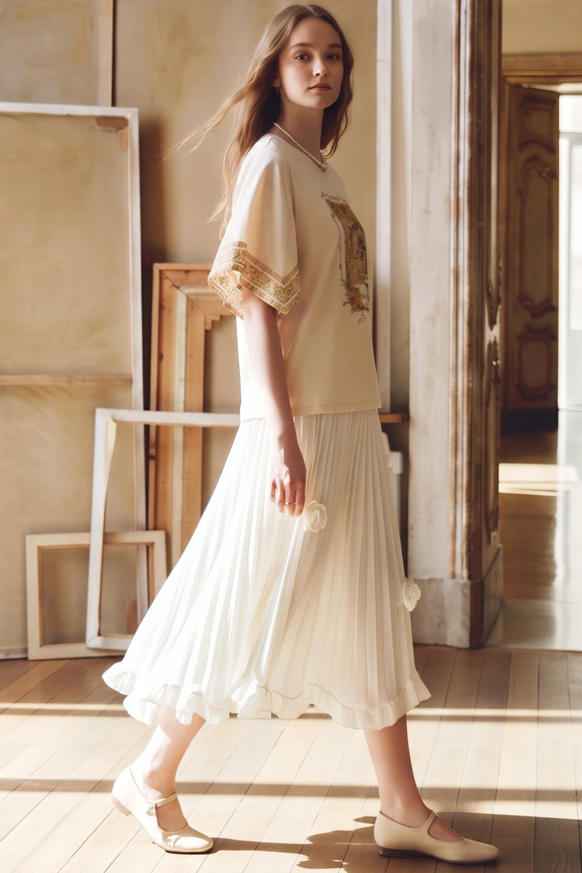 A woman modeling a cream-colored short-sleeve top with gold embroidery and a matching pleated midi skirt, standing in a sunlit room with wooden floors and art frames.