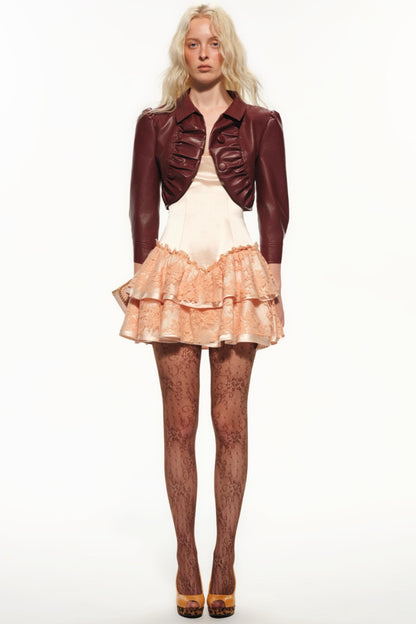 Vintage French Lace Ruffled Slip Dress Leather Jacket Set