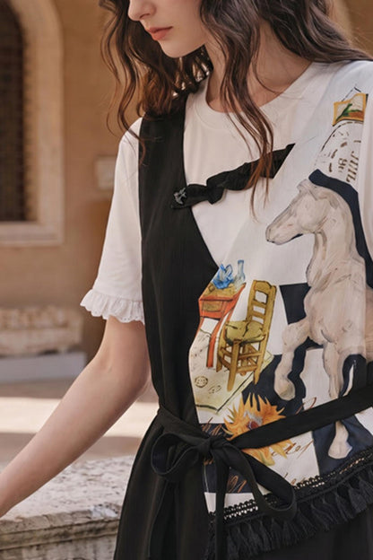 Van Gogh Inspired Patchwork Fake Two-Piece Dress