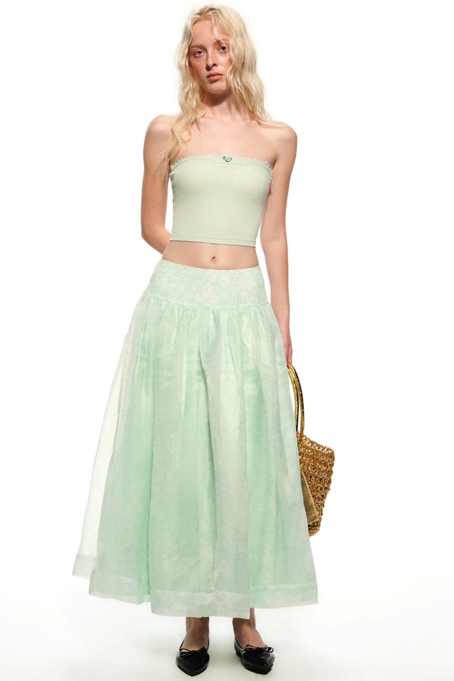 Mint Green Vacation Organza Skirt & Wide-Leg Pants Set