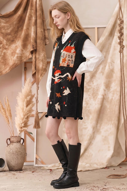 "Wishing Boat" Art Jacquard Pom-Pom Hem Tank Dress