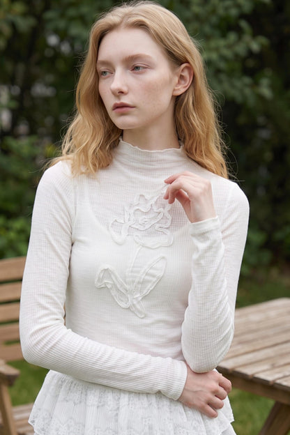 Van Gogh 3D Floral Appliqué Lace Hem Knitwear