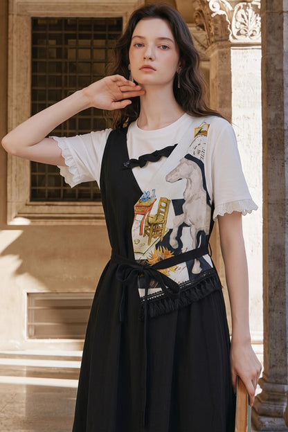 Van Gogh Inspired Patchwork Fake Two-Piece Dress