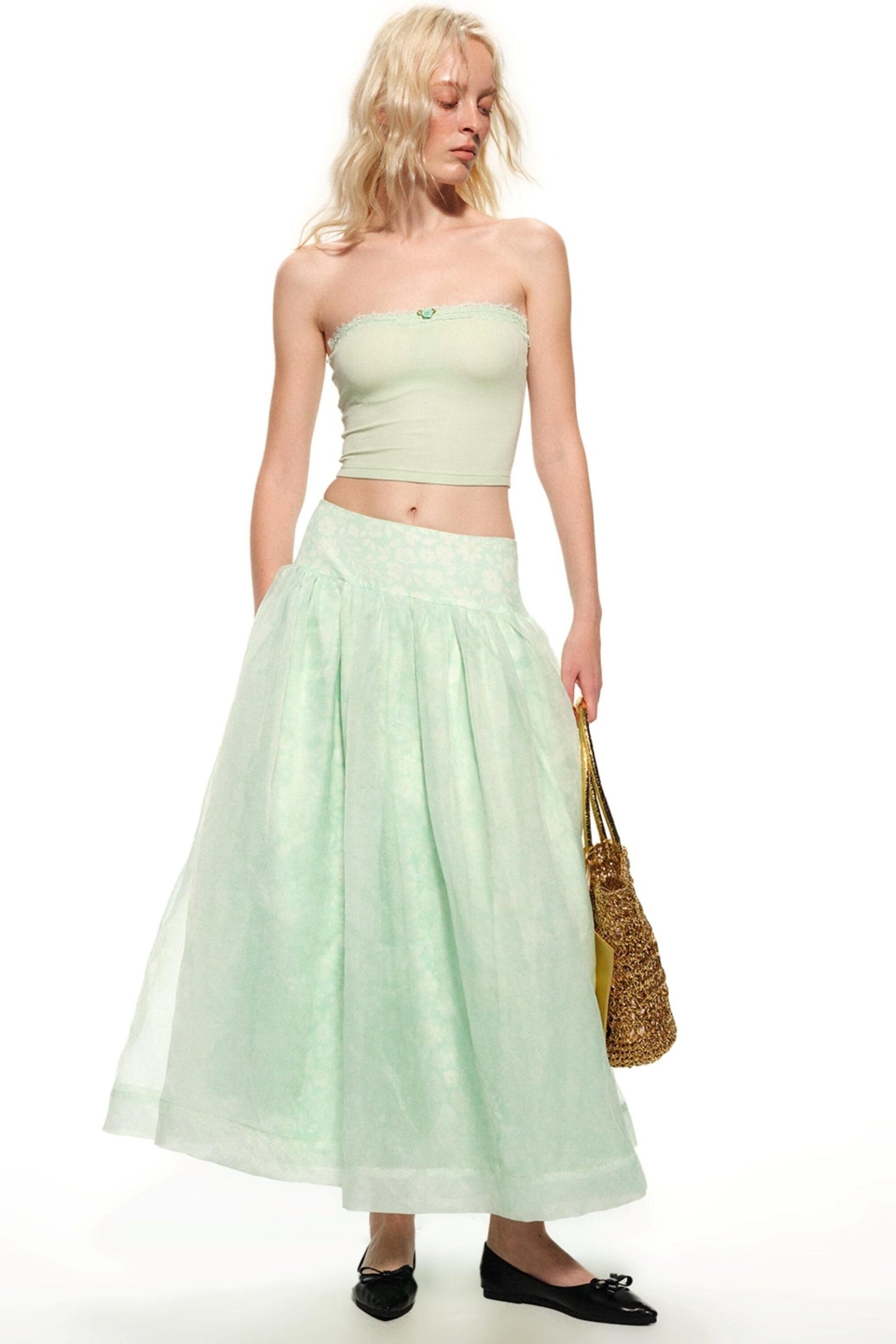 Mint Green Vacation Organza Skirt & Wide-Leg Pants Set