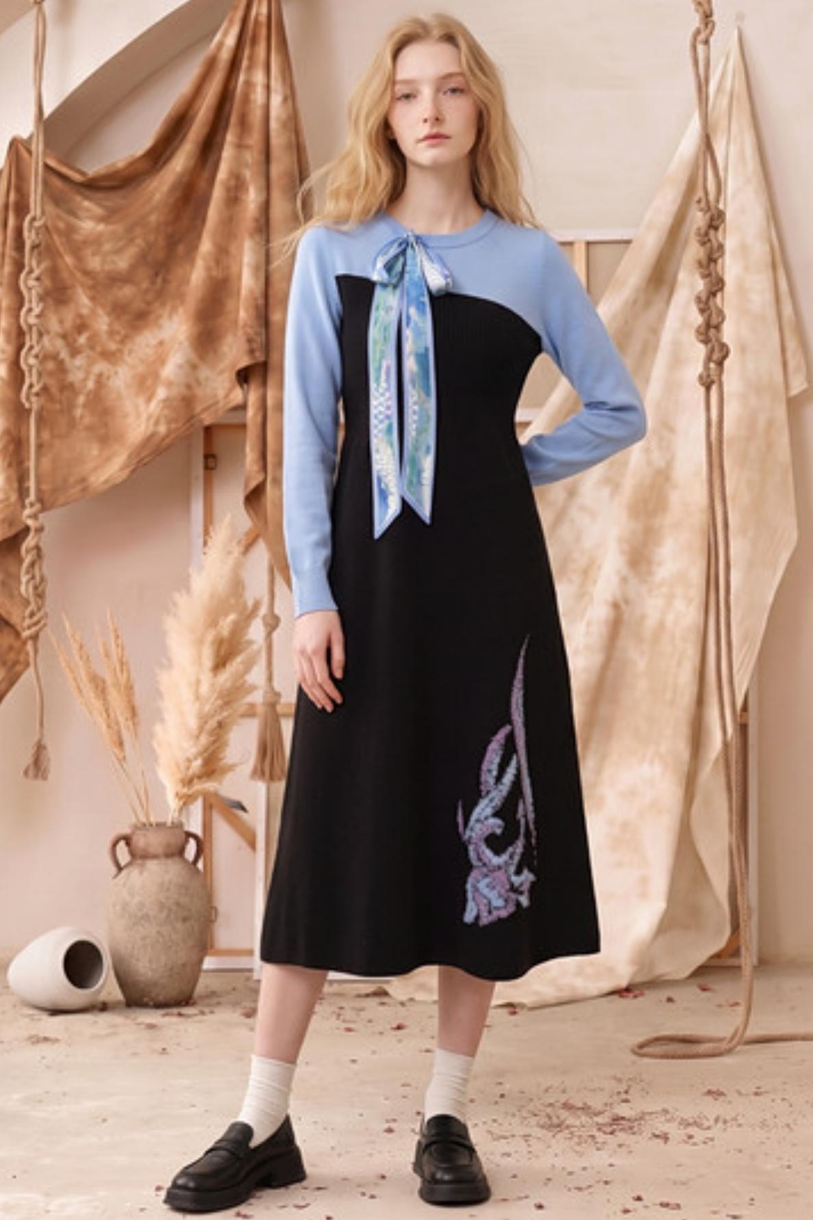 Monet Series Color-Block Towel Embroidery Dress