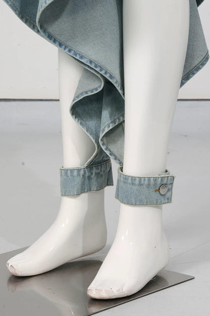 American Street Denim Crop Top & Ruffled Flared Pants Set