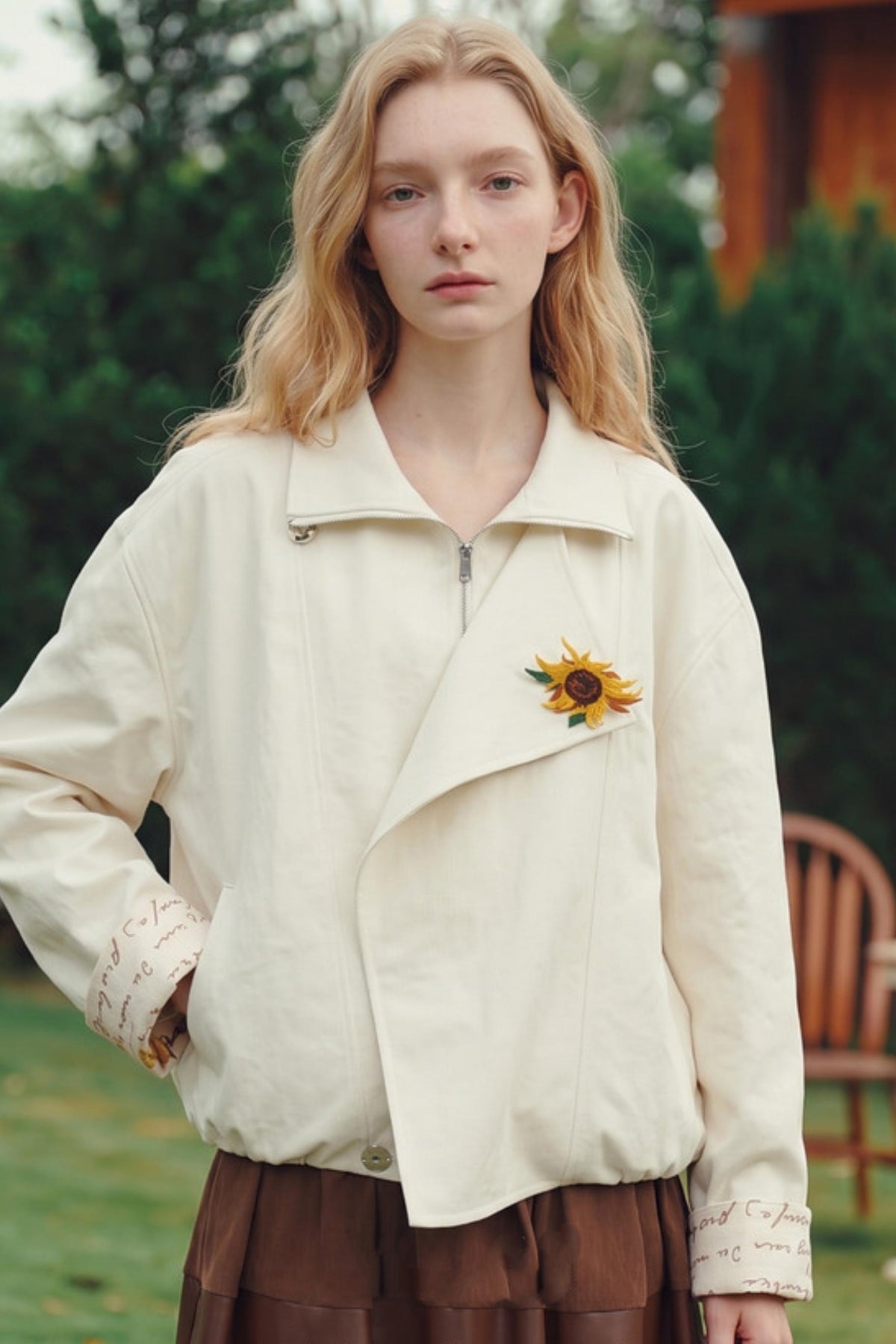 Van Gogh Sunflower Brooch Zip-up Jacket