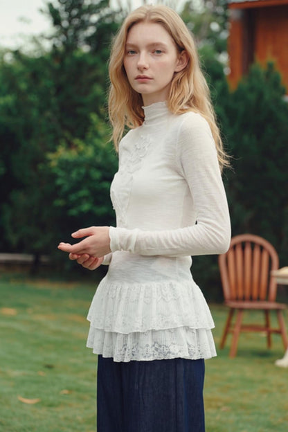 Van Gogh 3D Floral Appliqué Lace Hem Knitwear