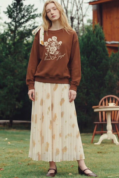 Van Gogh Sunflowers Foil-Stamped Pleated Midi Skirt