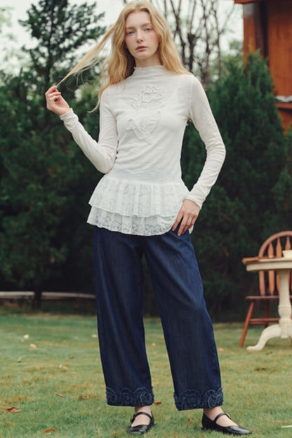 Van Gogh 3D Floral Appliqué Lace Hem Knitwear