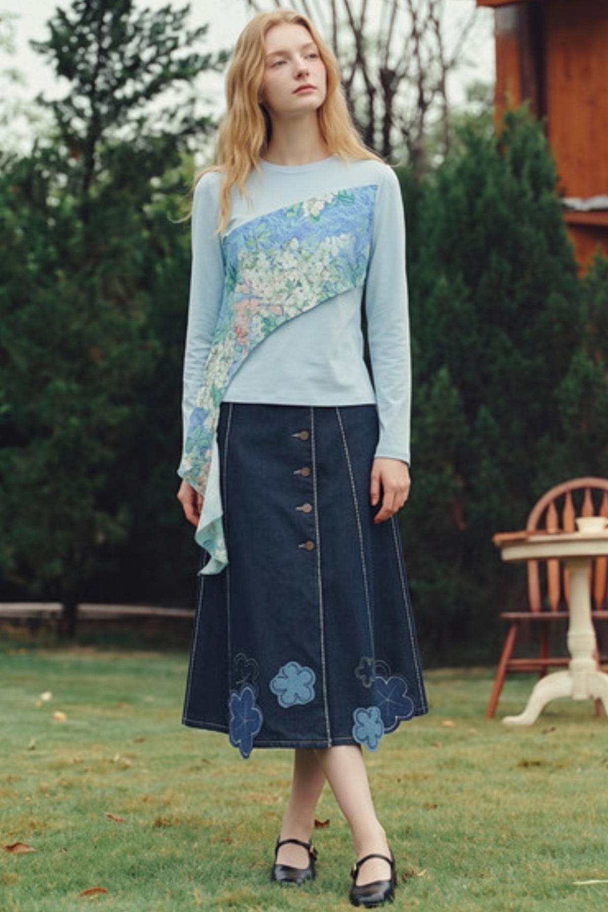 Van Gogh Blossom Print Asymmetrical Patchwork Long-Sleeve T-Shirt