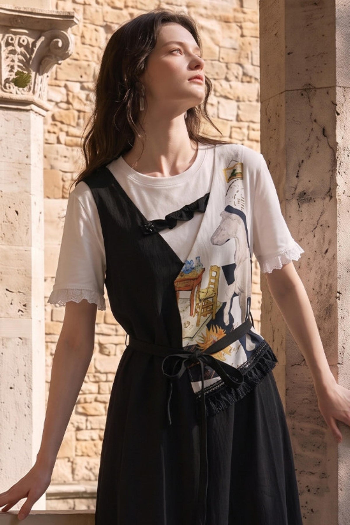 Van Gogh Inspired Patchwork Fake Two-Piece Dress