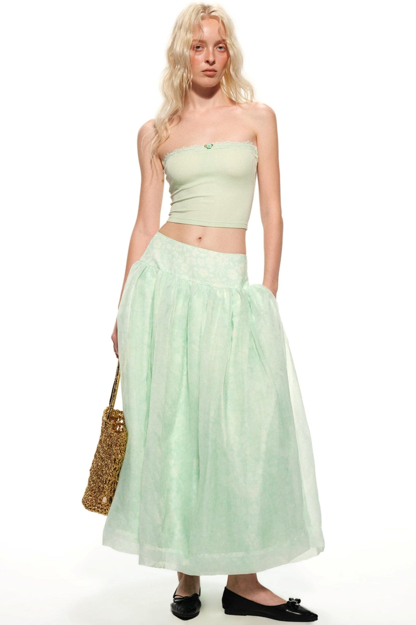 Mint Green Vacation Organza Skirt & Wide-Leg Pants Set