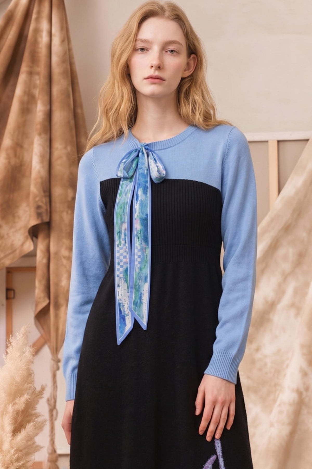 Monet Series Color-Block Towel Embroidery Dress