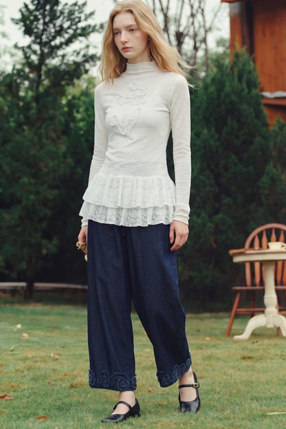 Van Gogh 3D Floral Appliqué Lace Hem Knitwear
