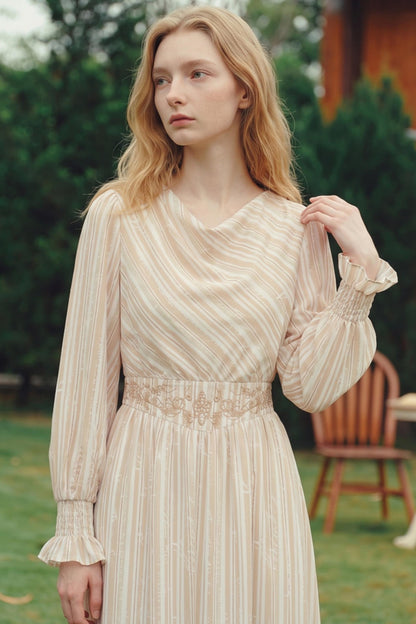 Van Gogh Letter Stripe Print Embroidered High-Waisted Dress