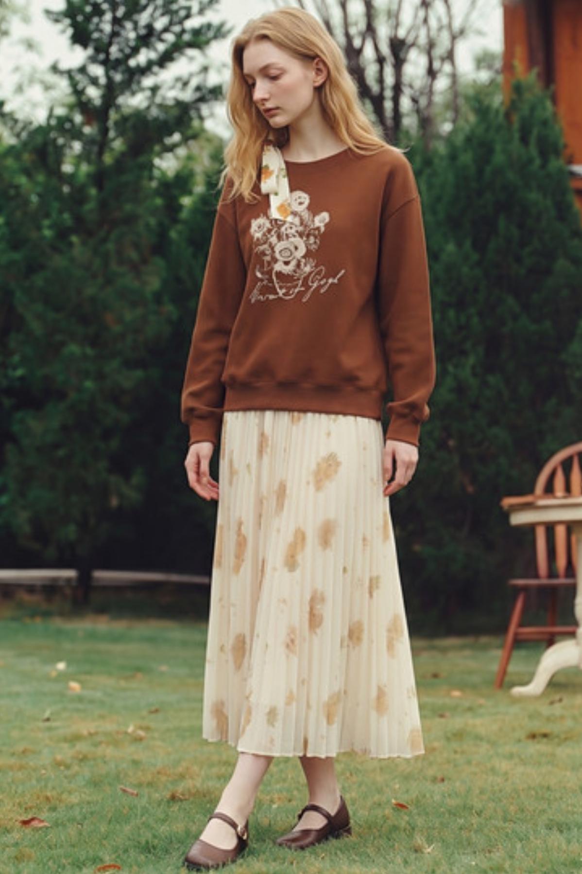 Van Gogh Sunflowers Foil-Stamped Pleated Midi Skirt