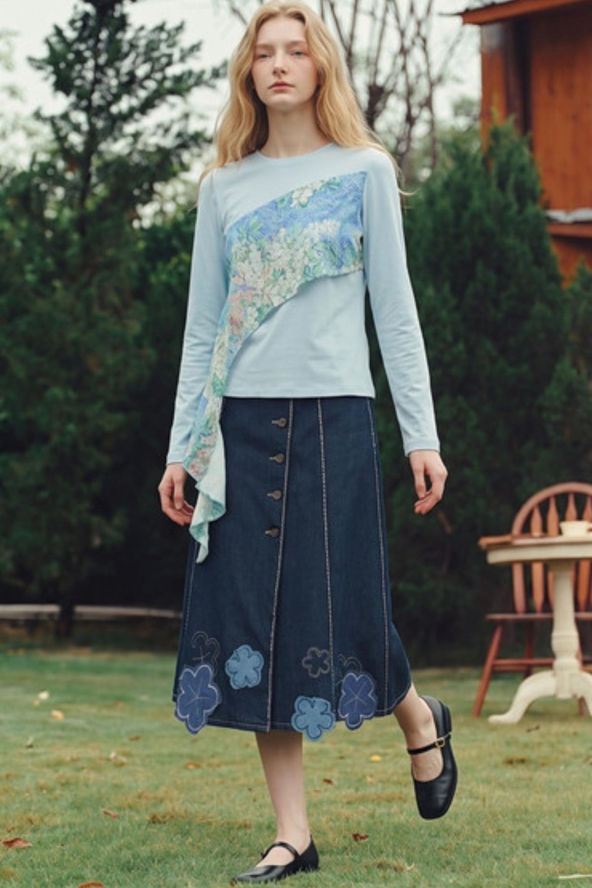 Van Gogh Blossom Print Asymmetrical Patchwork Long-Sleeve T-Shirt