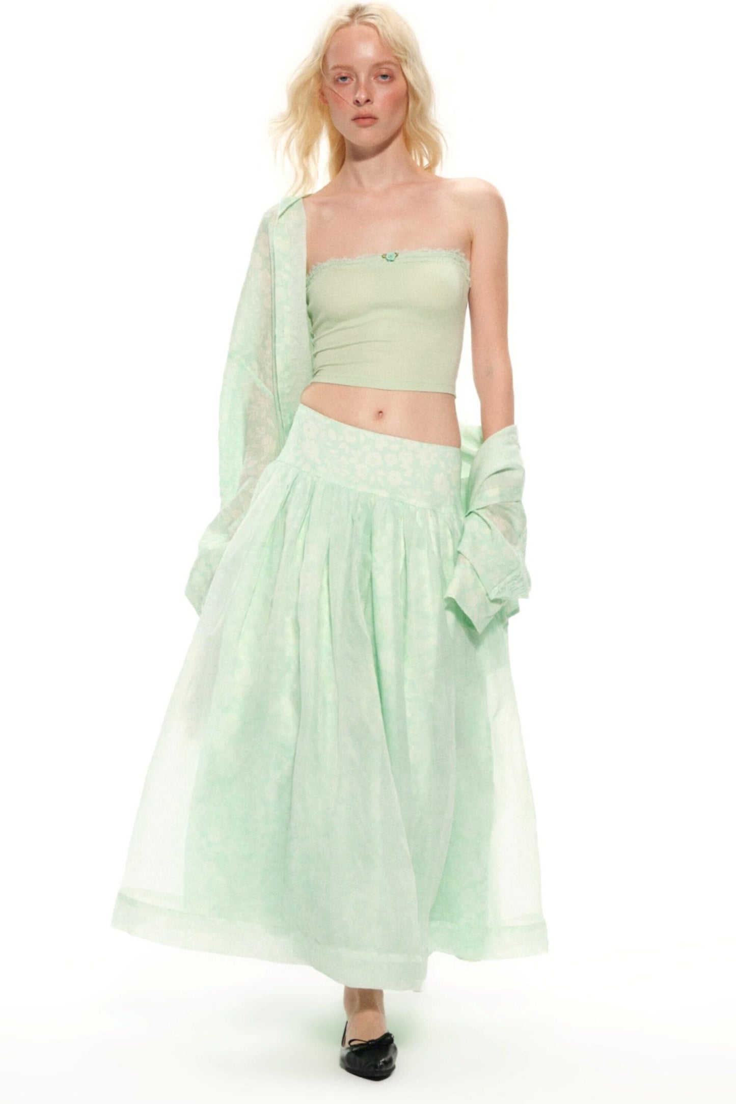 Mint Green Vacation Organza Skirt & Wide-Leg Pants Set