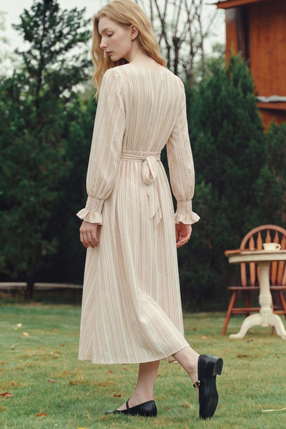 Van Gogh Letter Stripe Print Embroidered High-Waisted Dress
