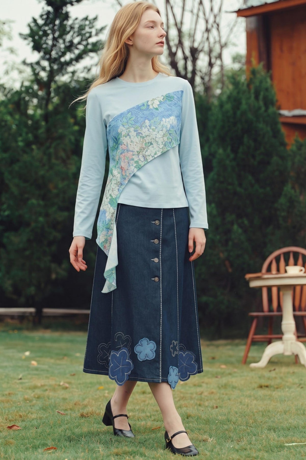 Van Gogh Blossom Print Asymmetrical Patchwork Long-Sleeve T-Shirt