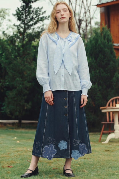 Van Gogh Art Print Scarf Collar Blouse