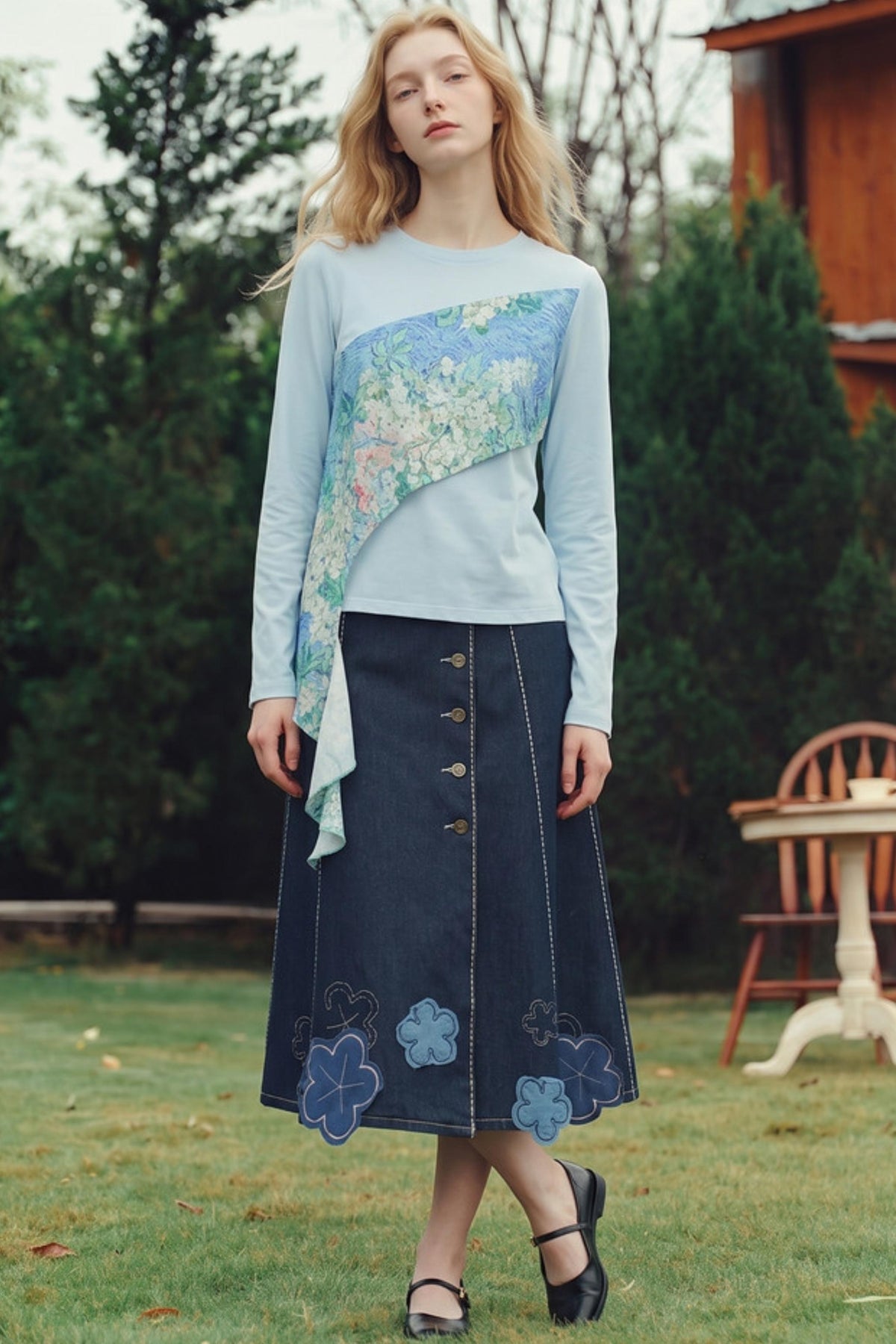 Van Gogh Blossom Print Asymmetrical Patchwork Long-Sleeve T-Shirt