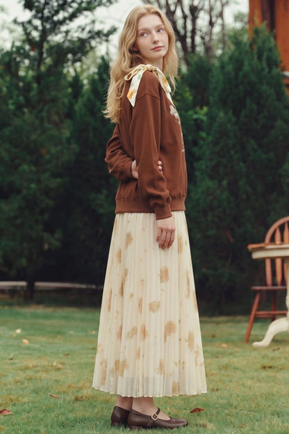 Van Gogh Sunflowers Foil-Stamped Pleated Midi Skirt