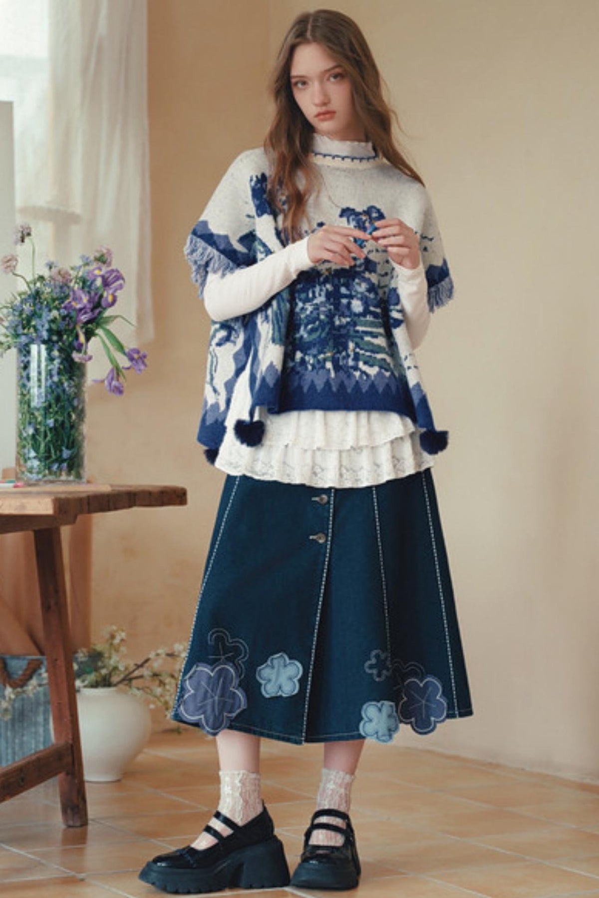 Van Gogh Art Jacquard Fringe Pom-Pom Hem Sweater