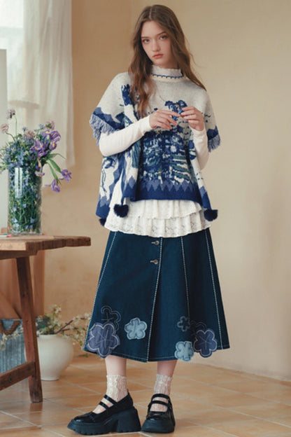 Van Gogh Art Jacquard Fringe Pom-Pom Hem Sweater