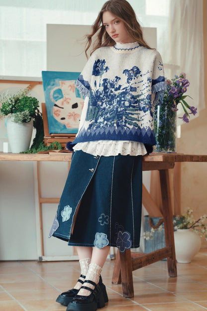 Van Gogh Art Jacquard Fringe Pom-Pom Hem Sweater