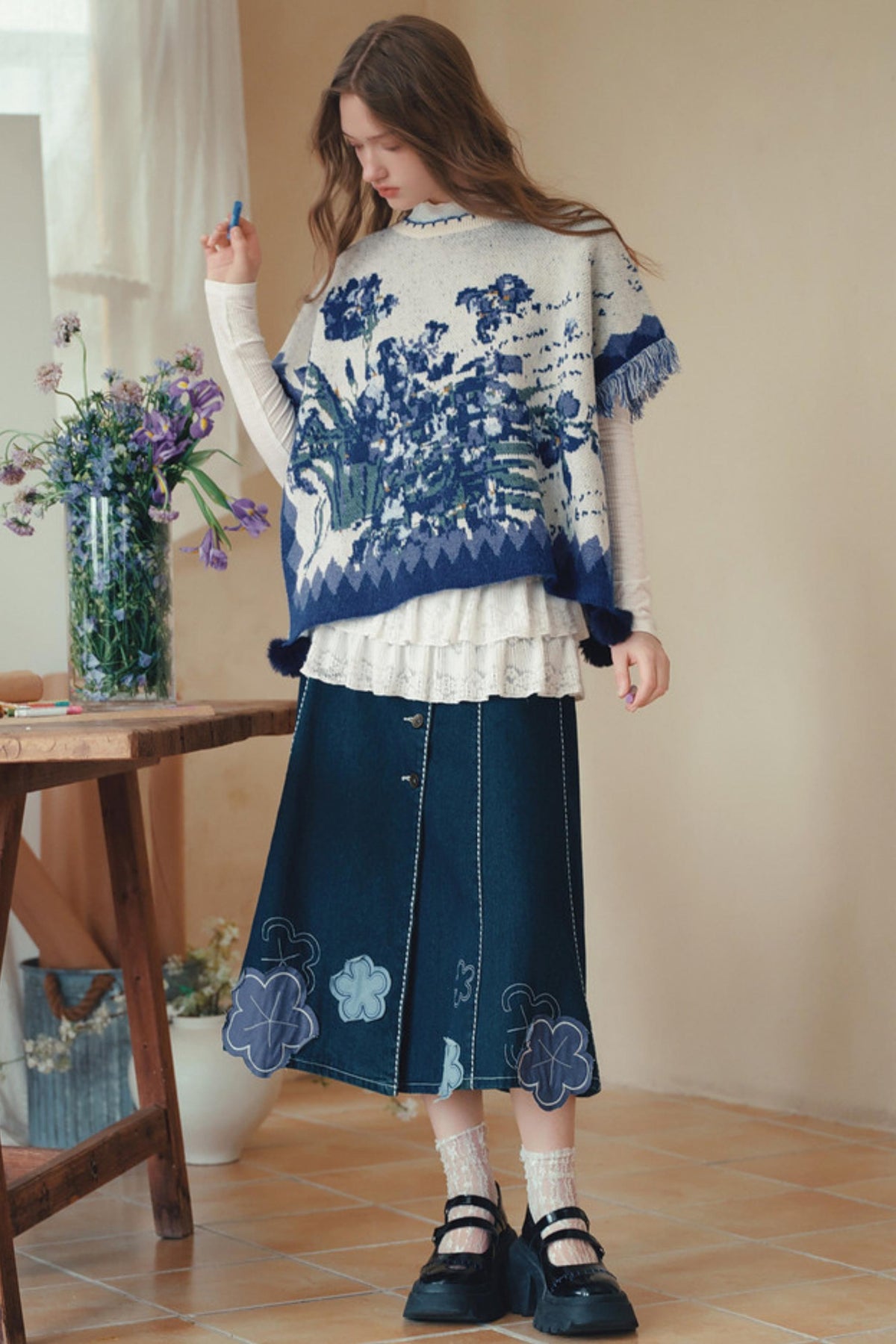 Van Gogh Art Jacquard Fringe Pom-Pom Hem Sweater