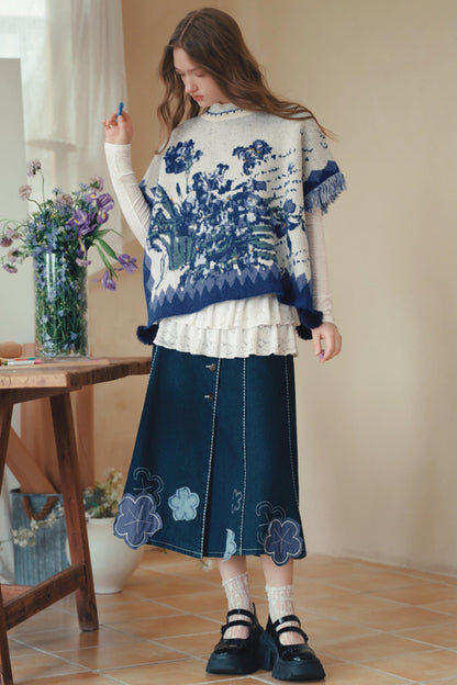 Van Gogh Art Jacquard Fringe Pom-Pom Hem Sweater