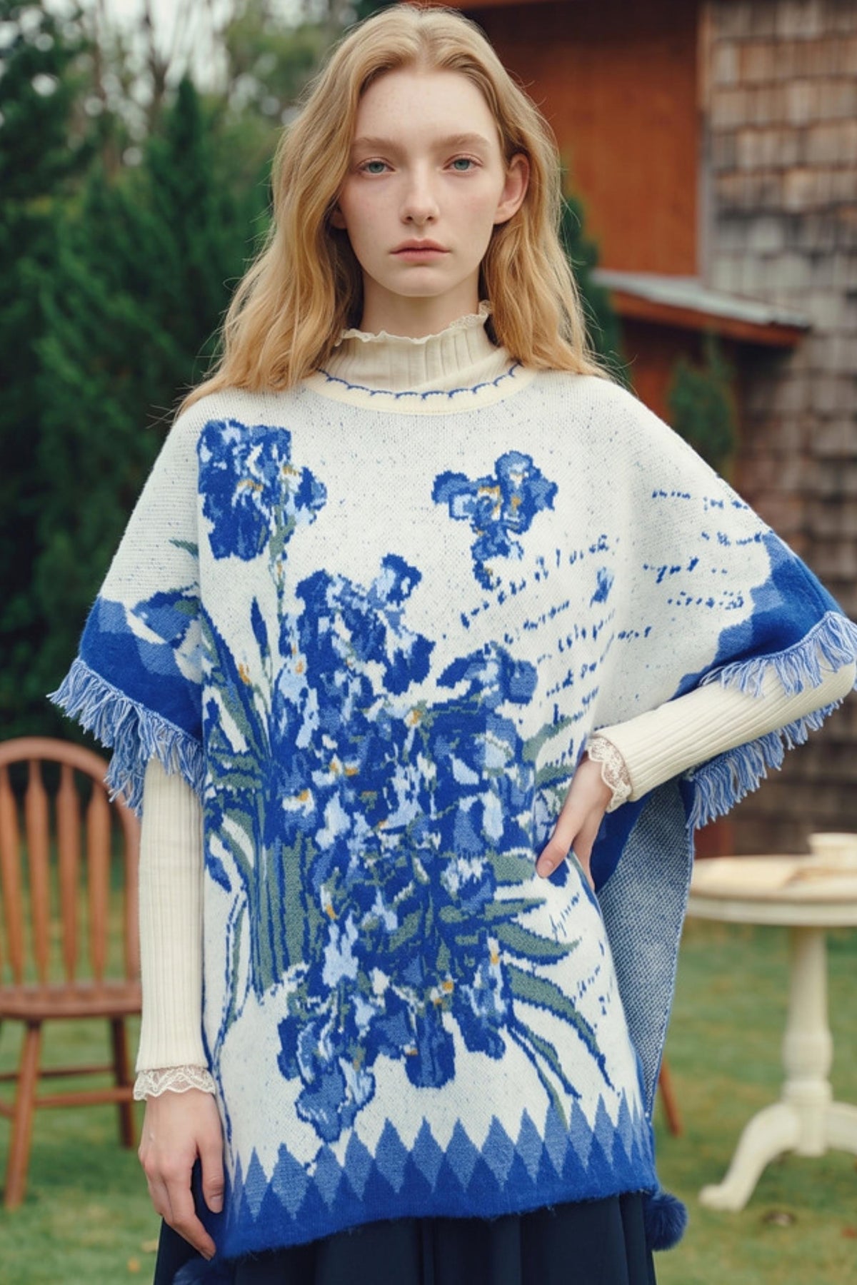 A woman wearing a cream and blue knitted poncho sweater with a floral pattern and fringe, standing outdoors in front of a rustic wooden building.