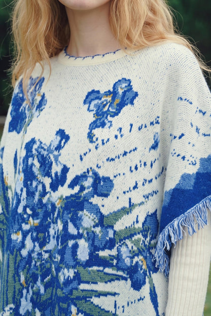 Van Gogh Art Jacquard Fringe Pom-Pom Hem Sweater