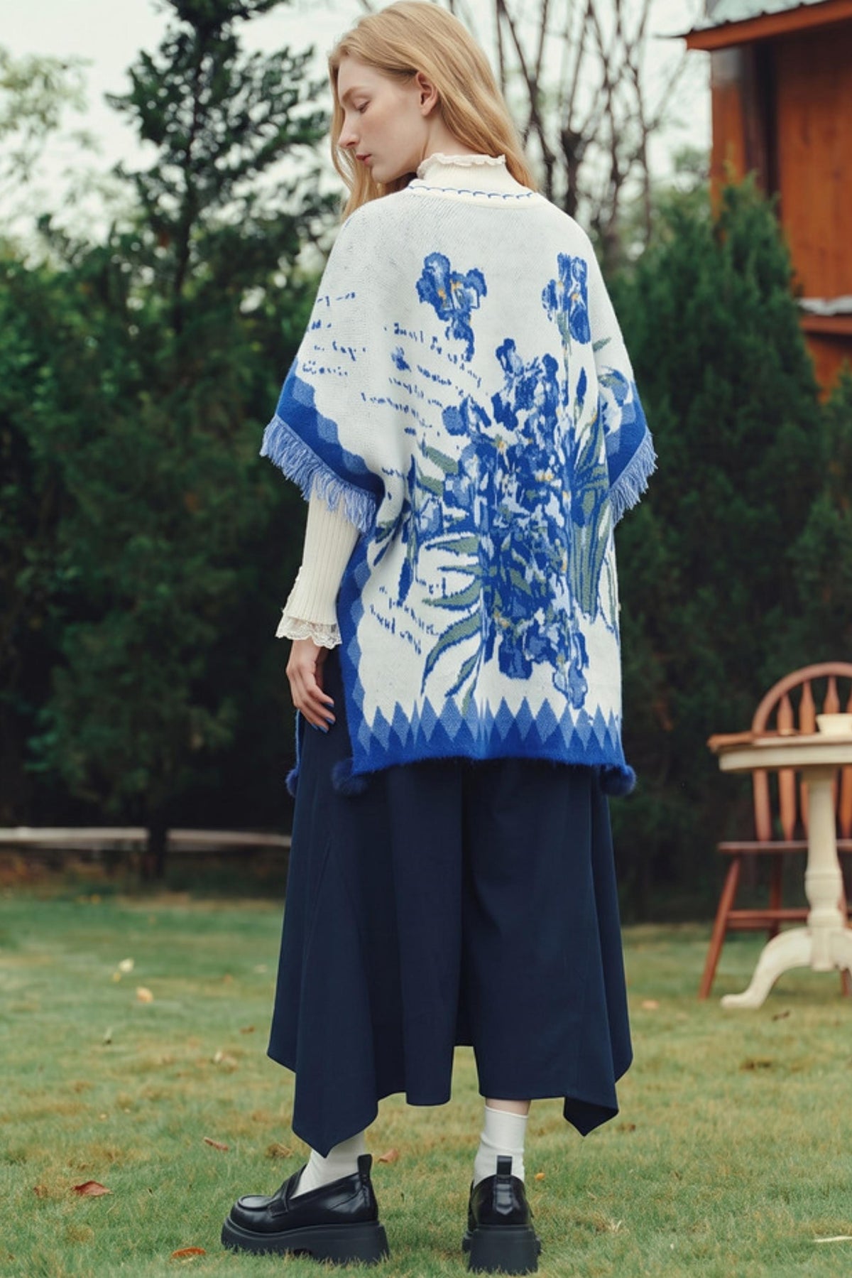 Van Gogh Art Jacquard Fringe Pom-Pom Hem Sweater