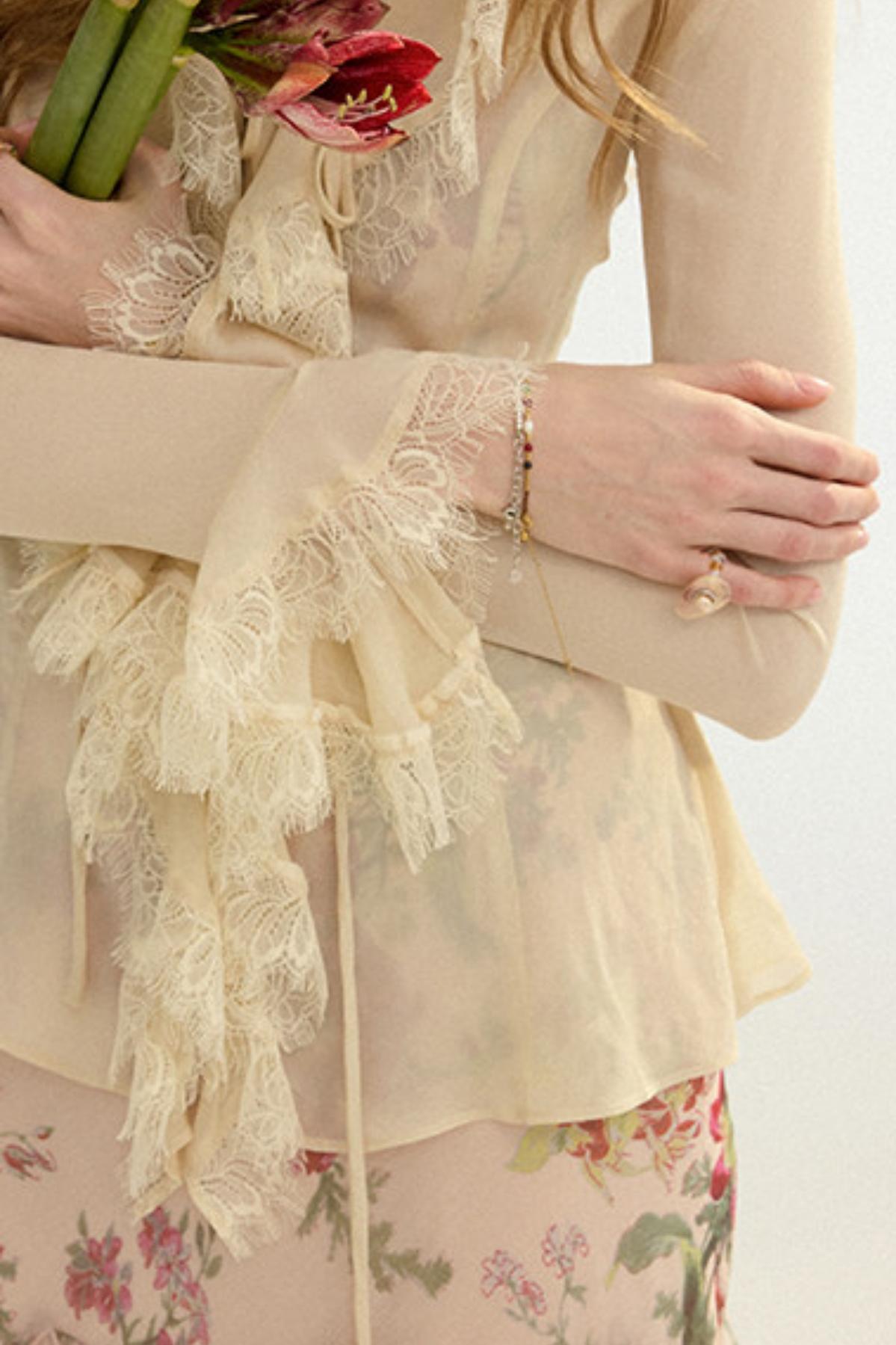 Sylvie French Vintage Lace-Trimmed Chiffon Cardigan Blouse Set