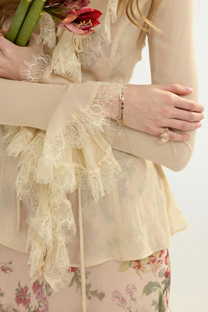 Sylvie French Vintage Lace-Trimmed Chiffon Cardigan Blouse Set