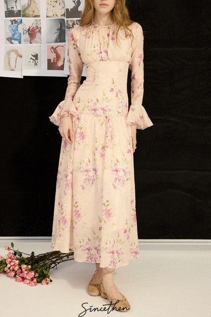 Odette French Vintage Floral Chiffon Maxi Dress