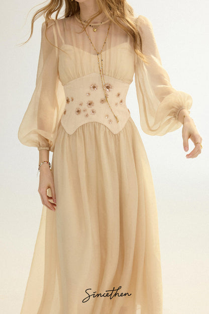 Aveline French Pastoral Embroidered Mesh Maxi Dress