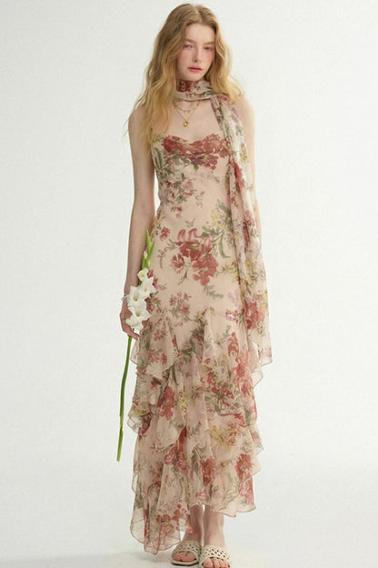 Woman wearing a floral dress with a white background