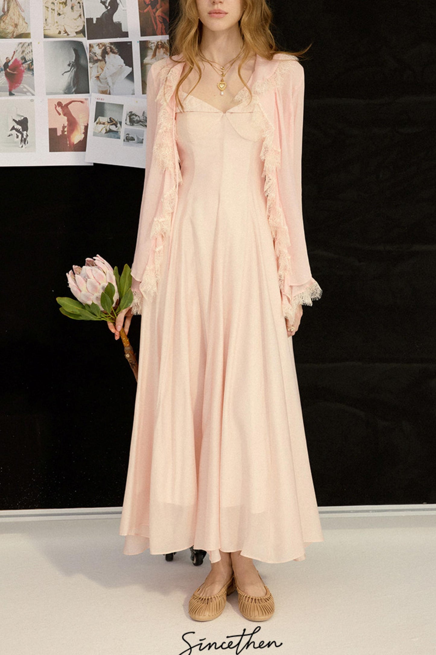 Sylvie French Vintage Lace-Trimmed Chiffon Cardigan Blouse Set