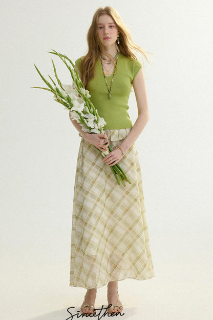 Seraphina French Vintage Plaid Chiffon Maxi Skirt