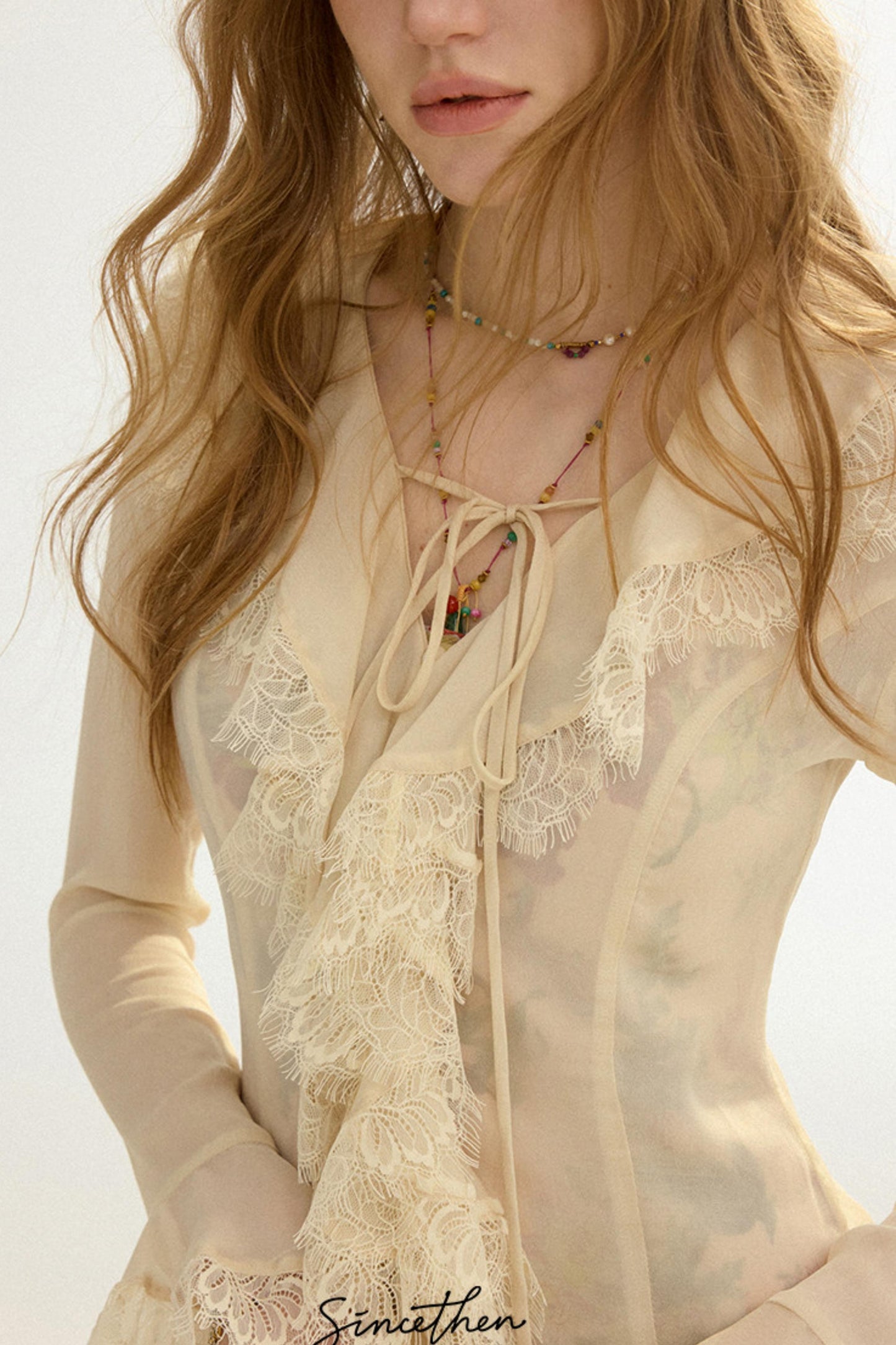 Sylvie French Vintage Lace-Trimmed Chiffon Cardigan Blouse Set