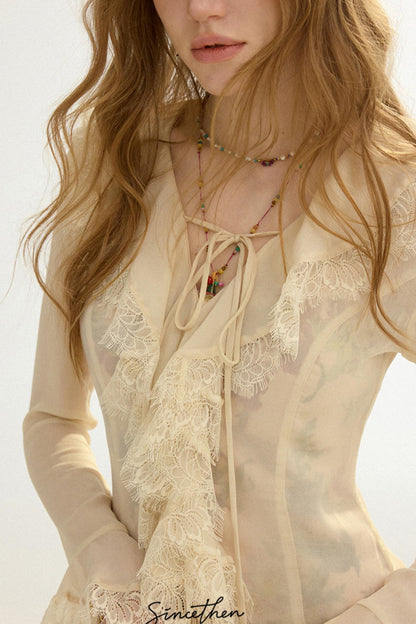 Sylvie French Vintage Lace-Trimmed Chiffon Cardigan Blouse Set