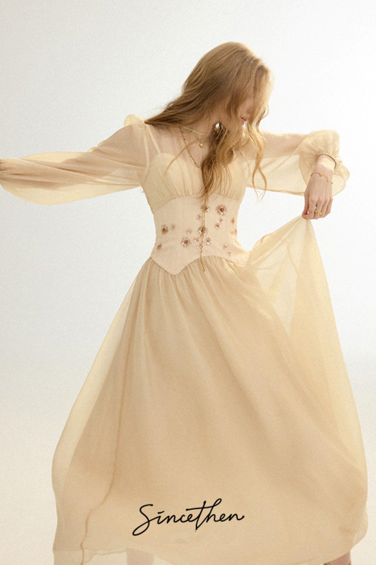Aveline French Pastoral Embroidered Mesh Maxi Dress