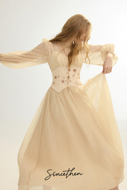 Aveline French Pastoral Embroidered Mesh Maxi Dress